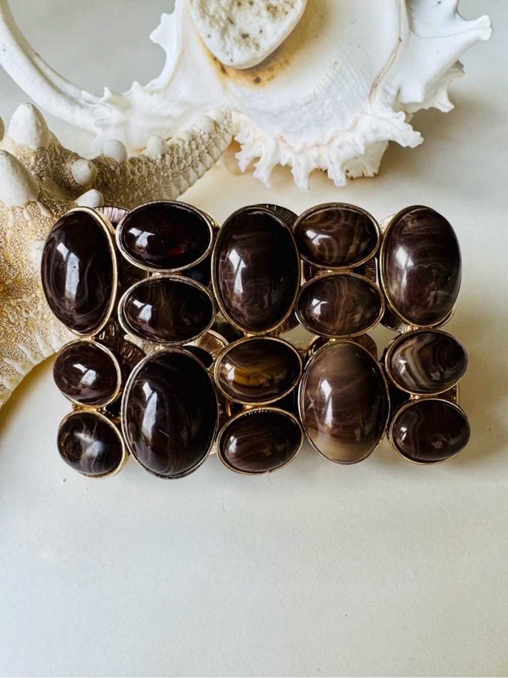 Gold Tone Brown Marbled Cabochon Stretch Bracelet Wide Statement Cuff 2.5”